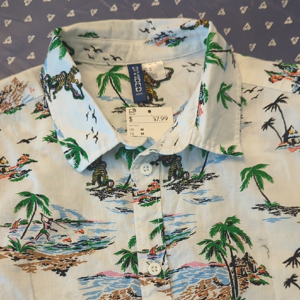H&M Men's Island Print Shirt - Green and White